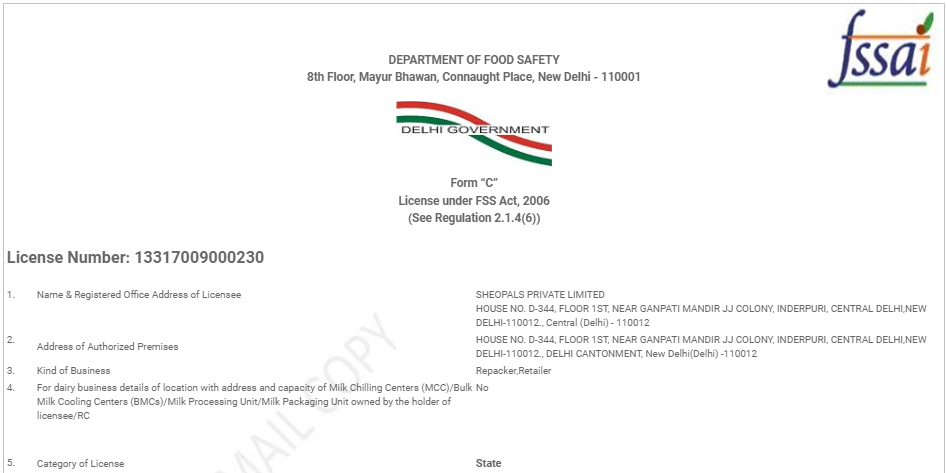 Certificate FSSAI